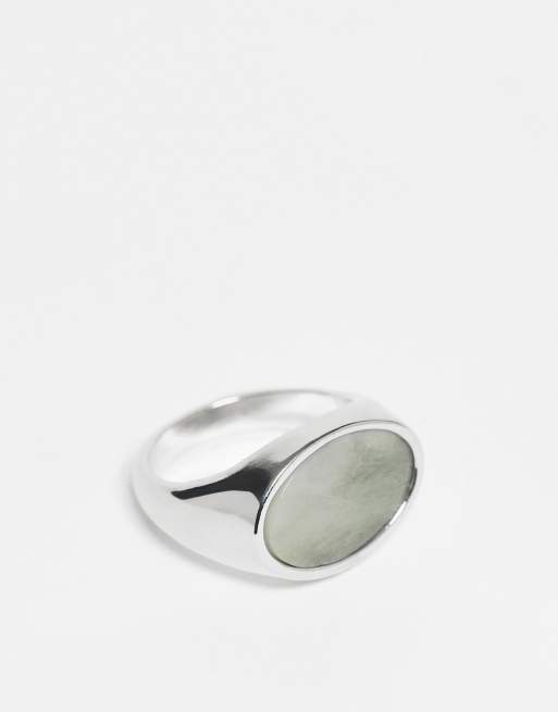 Anillo plateado tipo sello con piedra ovalada azul de jade semipreciosa de ASOS DESIGN