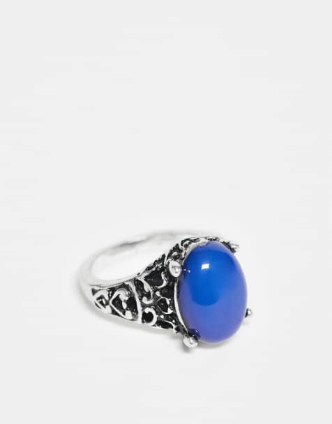 Anillo plateado unisex con detalle de piedra azul de imitación de Reclaimed Vintage - view 1