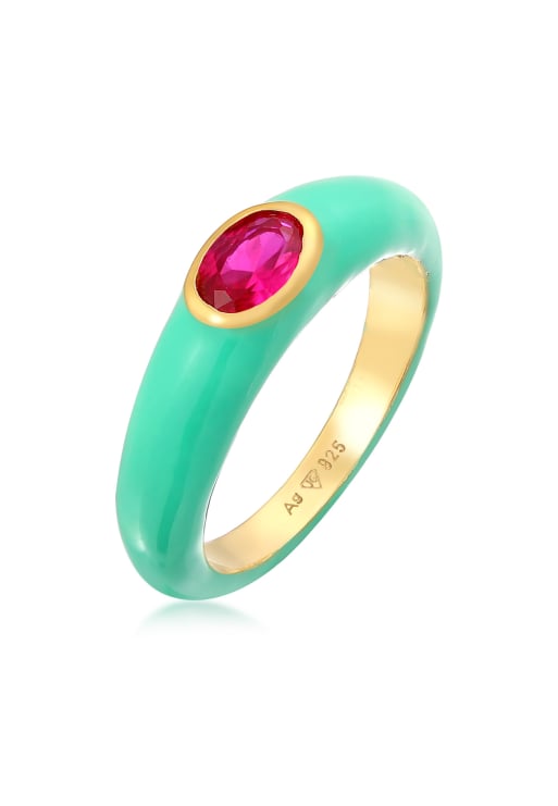 Anillo solitario de plata de ley 925 chapado en oro con esmalte turquesa y circonita ovalada verde de Elli