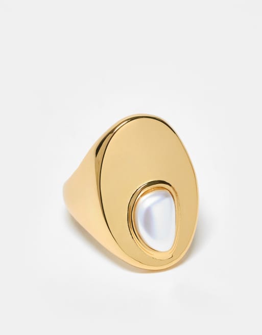 Anillo tipo sello chapado en oro de 14 quilates con perla cepillada premium de ASOS DESIGN