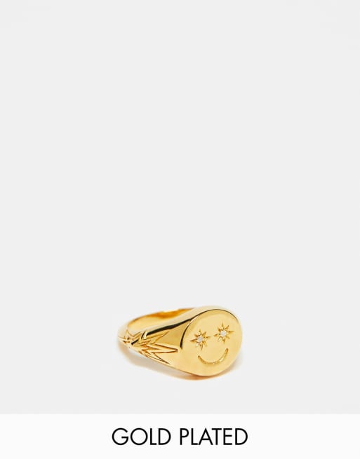 Anillo tipo sello con diseño de cara sonriente chapado en oro de 22 quilates con caja de regalo de Rachel Jackson