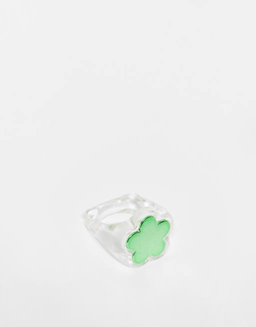 Anillo tipo sello con diseño de flor verde metalizada de plástico de ASOS DESIGN