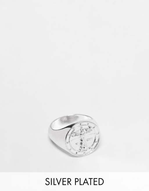 Anillo tipo sello con diseño de Hombre de Vitruvio chapado en plata de ASOS DESIGN