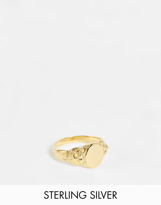 Anillo tipo sello con diseño floral en relieve de plata de ley chapado en oro de 14 quilates de ASOS DESIGN