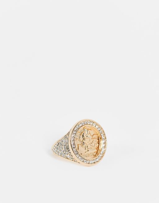 Anillo tipo sello en varios tonos metálicos con diseño grabado de caballo y pedrería en el borde de ASOS DESIGN