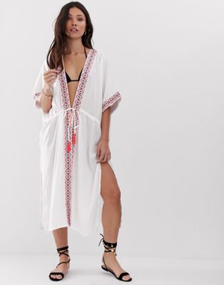 Anmol - Lange strandkimono met borduursel-Wit