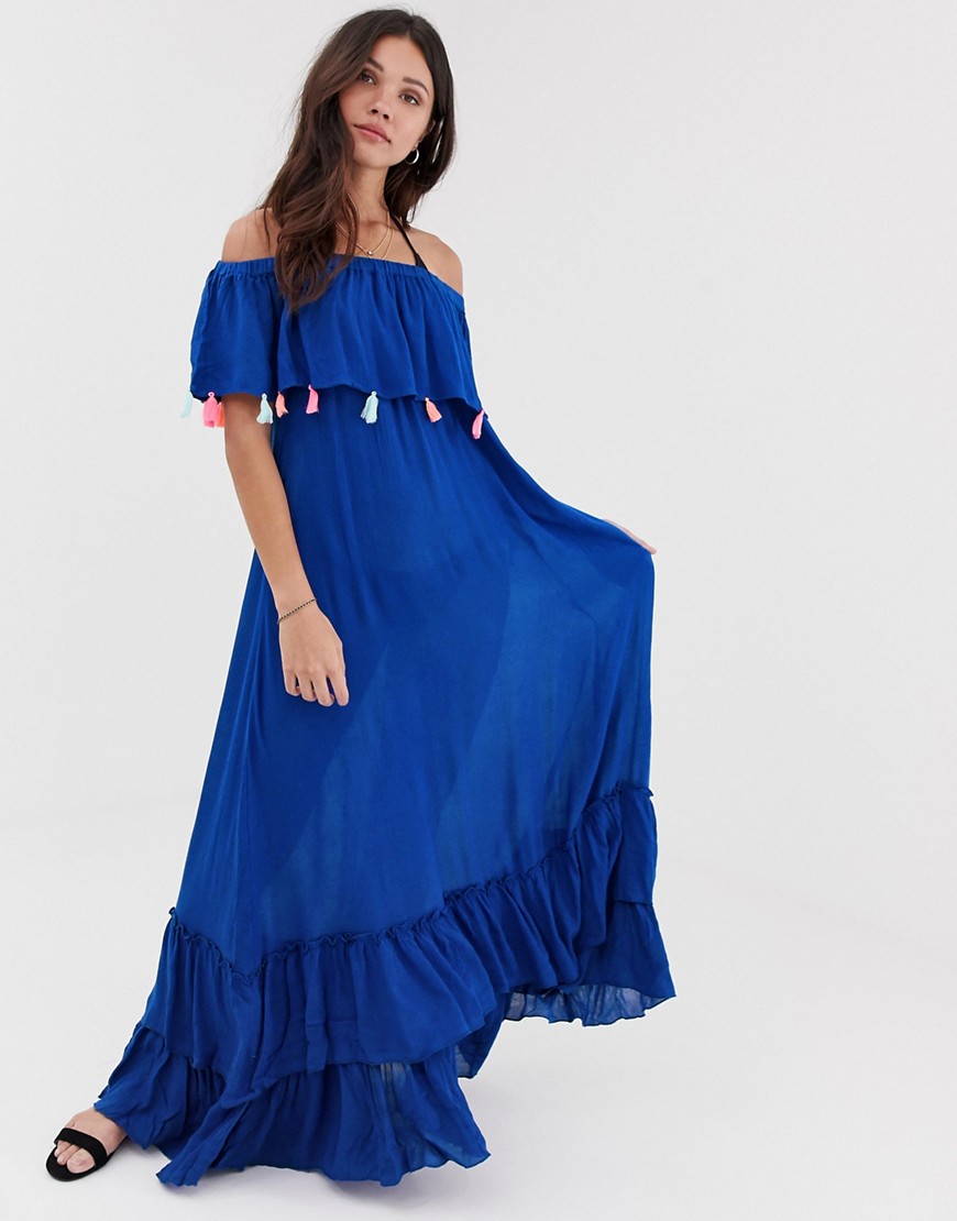 Anmol Tie Dye Off Shoulder Beach Dress With Multi Colour Pom Pom Trim-Blue