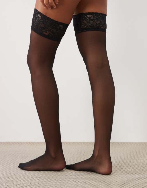 Ann Summers 2 pack lace top glossy hold ups in black, 4 of 4