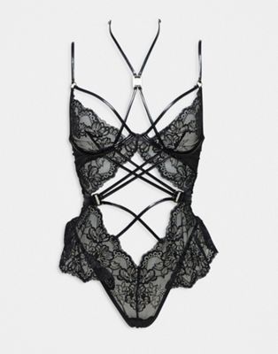 Affectionate ouvert lace and strapping detail teddy bodysuit in black