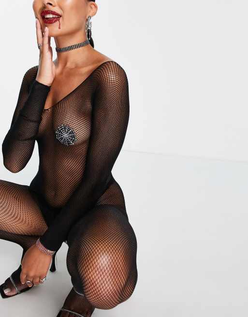 Black Body Suit With Sexy Holes And Fishnet Legs. Only $10 With