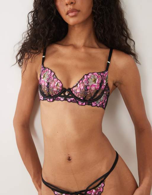 Ann Summers balconette-BH med broderi og blomsterprint i sort, 2 af 4