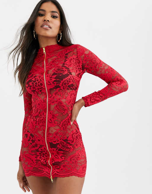 Lace dress front zipper sale