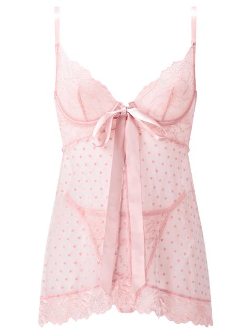 Ann Summers Bon bon flocked heart babydoll 2 piece lingerie set in pale pink, 4 of 4