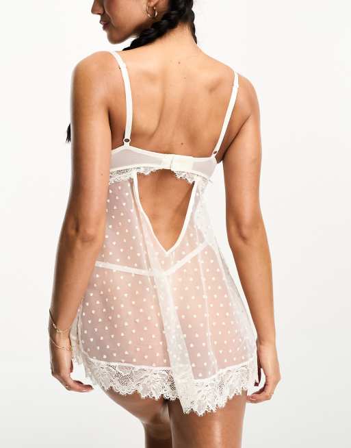 Ann Summers Bonbon bridal lace and dobby mesh babydoll and thong set in white, 2 of 4