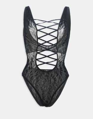 Bria cross front detail crotchless bodysuit in black