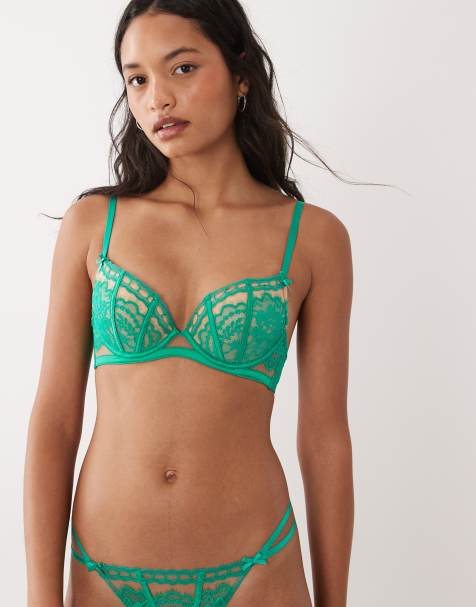 Ann Summers Caged Lace padded plunge bra in mid green - view 1