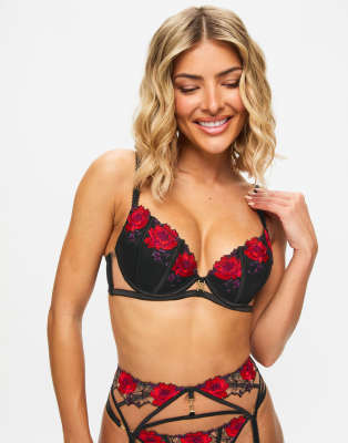 Ann Summers Caged rose padded plunge bra in black/red