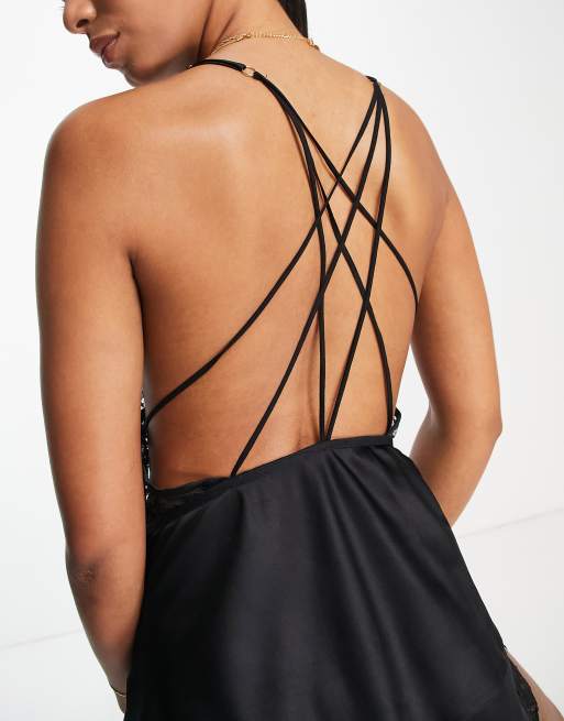 Ann Summers Ce Soir satin and lace cami short set with strappy back detail in black, 4 of 4
