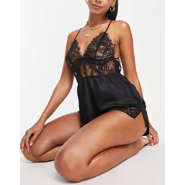 Ann Summers Ce Soir satin and lace cami & shorts set with strappy back  detail in black