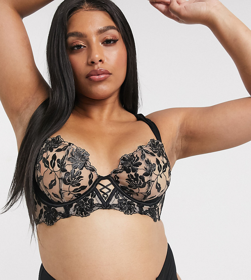 Ann Summers Cecelia floral embroidered bra in pink / black