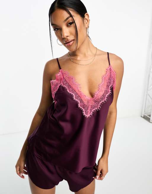 Ann Summers - Cerise - Completo in raso viola con finiture in pizzo composto da canottiera e pantaloncini
