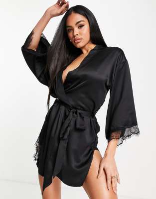 Black Lace Trim Satin Robe