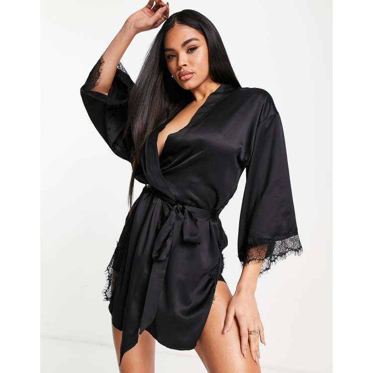 Belted lace-trimmed silk-satin robe