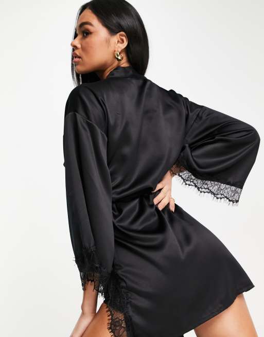 Ann Summers Cherryann lace trim satin robe in black, 2 of 4