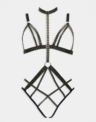 Ann Summers Cleopatra intricate detail ouvert neck harness and thong set in black