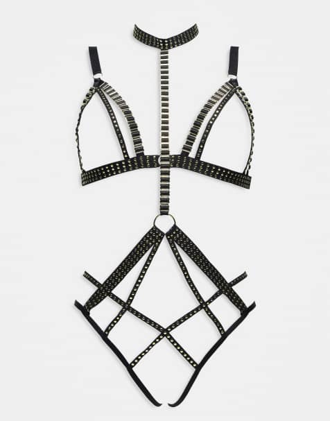 Ann Summers Cleopatra intricate detail ouvert neck harness and thong set in black