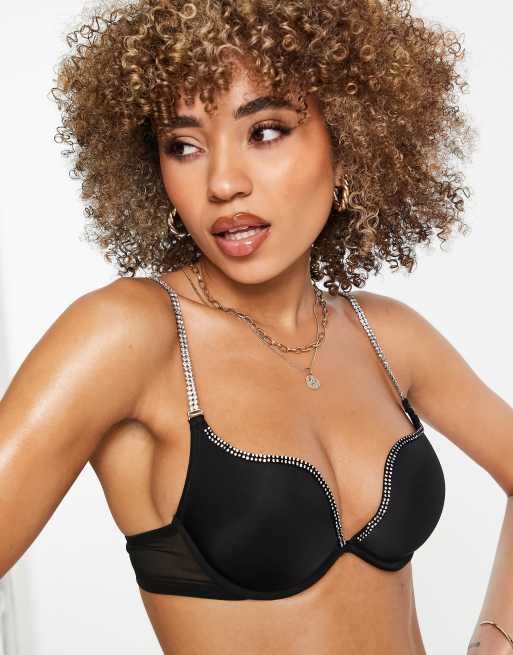 Ann Summers – Compassionate – Svart, vadderad bh med djup ringning, justerbara axelband och strassdekorerad kant
