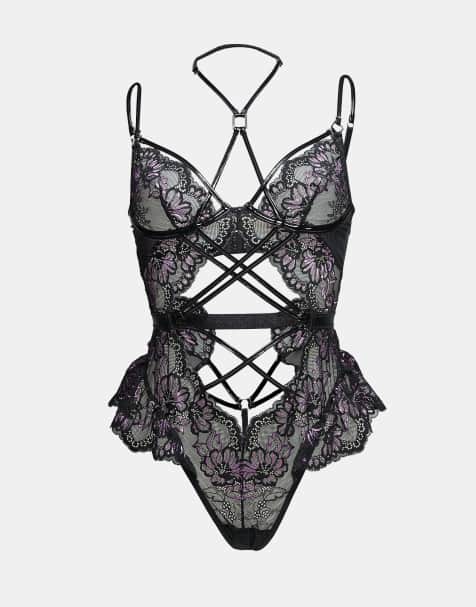 Ann Summers crotchless teddy in black and lilac - view 1