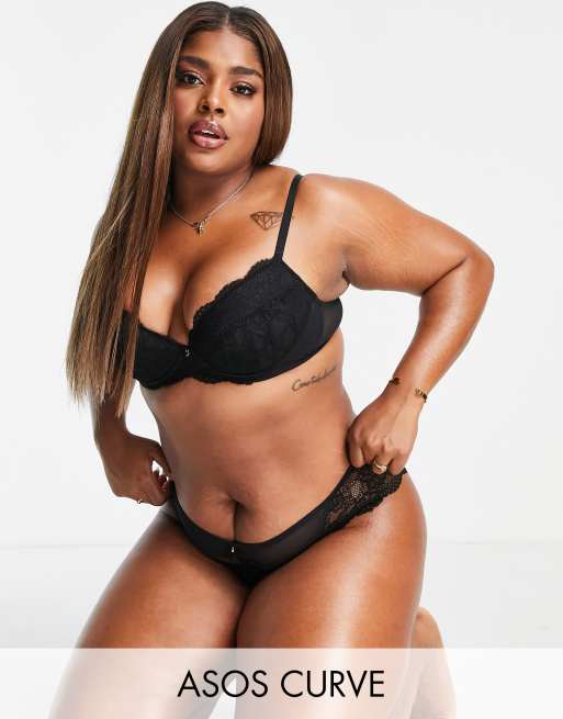 Ann Summers Curve Sexy Lace nylon blend padded plunge bra in black - BLACK - BLACK