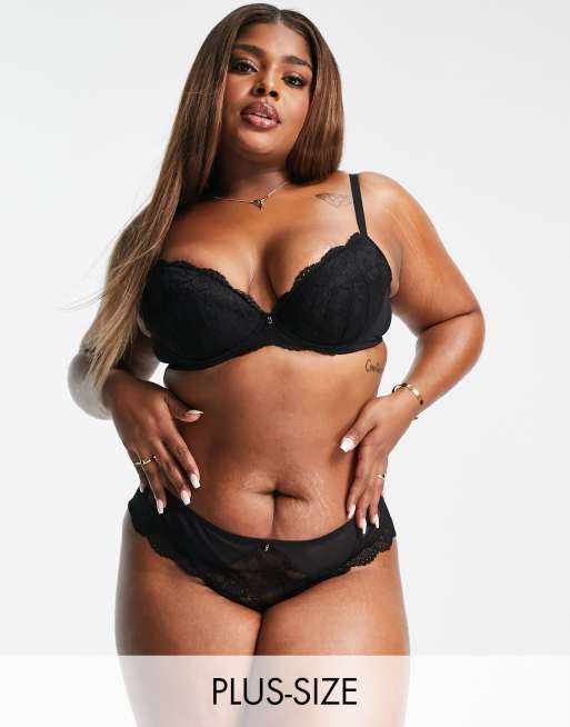 Plus Black Satin Mesh Panel Thong, Plus Size