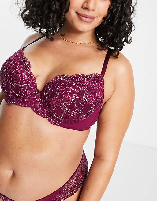 Ann Summers Curve Sexy Lace Planet nylon blend lace plunge bra in burgundy  - BURGUNDY