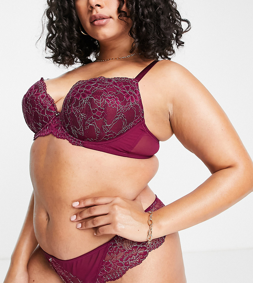 Ann Summers Curve Sexy Lace Planet recycled nylon blend lace plunge bra in burgundy-Red