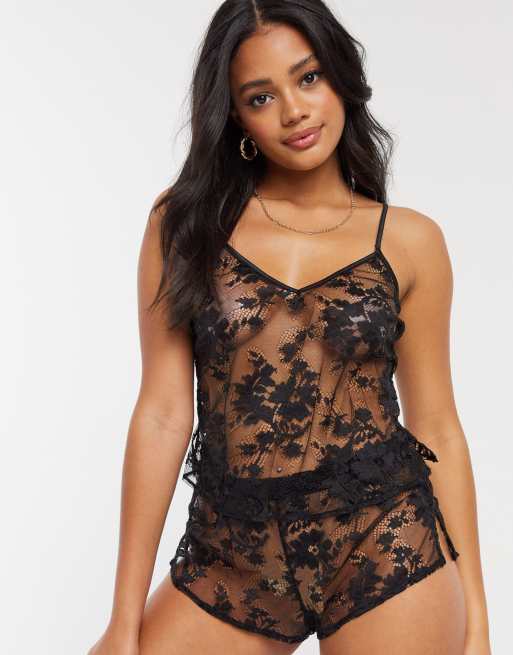 Ann Summers – Dark Hours – Czarny koronkowy komplet: koszulka na ramiączkach i szorty