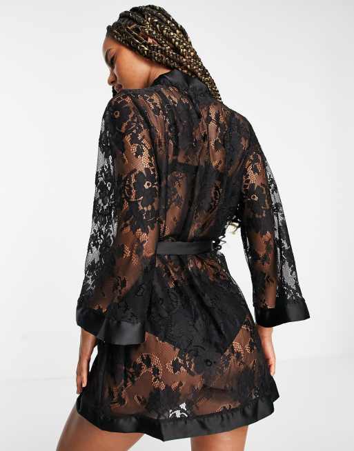 Ann Summers - Dark Hours - Doorschijnende kanten kimono in zwart, 2 van 4