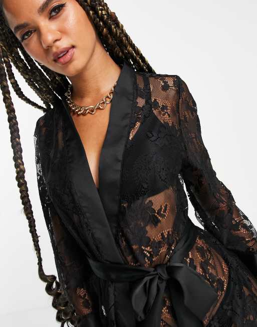 Ann Summers - Dark Hours - Doorschijnende kanten kimono in zwart, 3 van 4