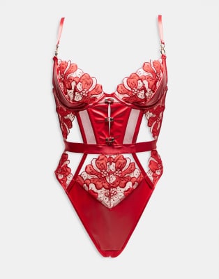 Dark side crotchless bodysuit in red