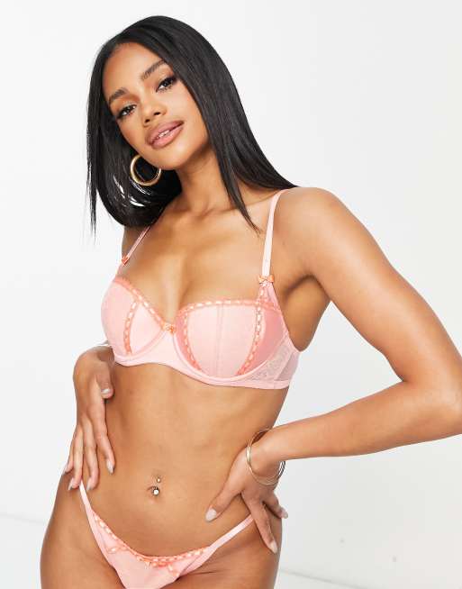Ann Summers Delicacy lace low front brazilian briefs in pink with coral trim, 3 of 4