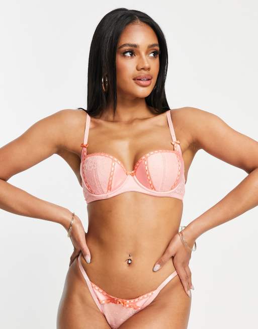 Ann Summers Delicacy lace low front brazilian briefs in pink with coral trim, 4 of 4