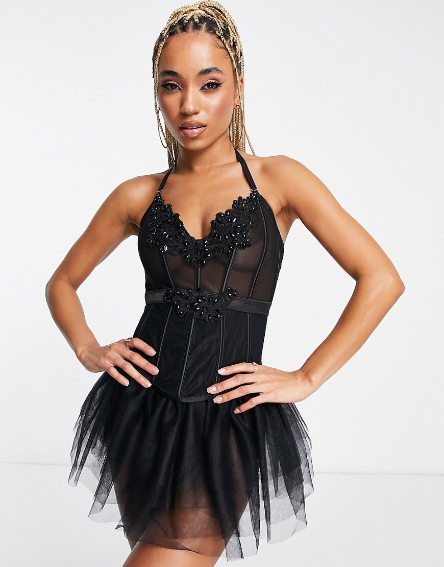 Ann Summers Elvira guipure lace and sheer mesh corset top in black