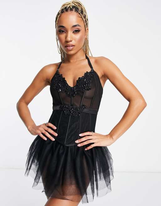 Black Corset Sheer Lace Jumpsuit