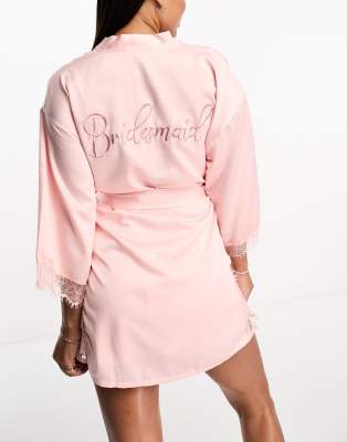 embroidered Bridesmaid satin robe in pink with lace detail-White