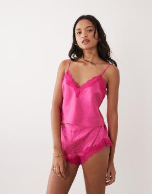 Ensemble avec caraco en satin à logo signature - Rose vif S