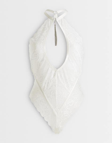 Ann Summers Fascinate All Over Lace Crotchless Bodysuit with Tassel Detail in ivory - WHITE - view 1