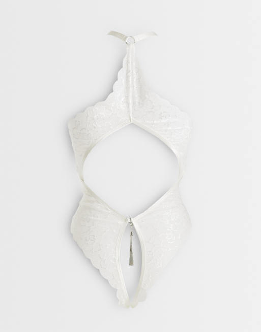 Ann Summers – Fascinate – Elfenbensvit spetsbody med öppen gren och tofsar, 3 av 3