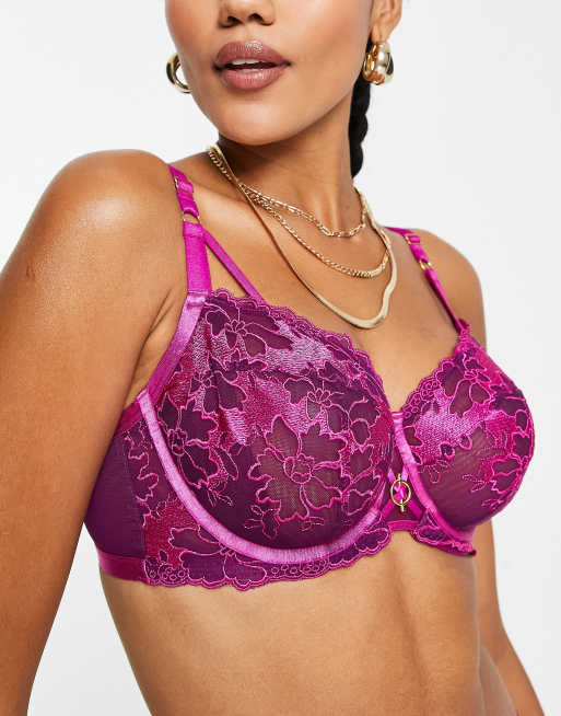 Ann Summers Fuller Bust – Truthful – Fioletowy niewyściełany biustonosz balkonetka z haftowanym wzorem i metalową ozdobą