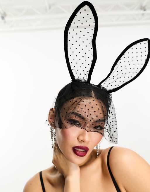 Ann Summers – Halloween – Czarna opaska na głowę w kształcie króliczych uszu z siateczki w groszki i koronki